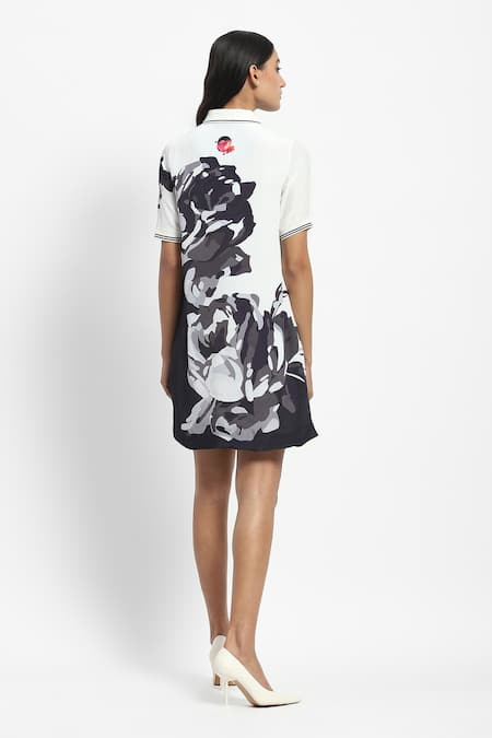 Shop Satya Paul White Linen Embroidery Collared Negative Rose Dress at Aza Fashions Shop_Satya Paul_White Linen Embroidery Collared Negative Rose Dress _at_Aza_Fashions