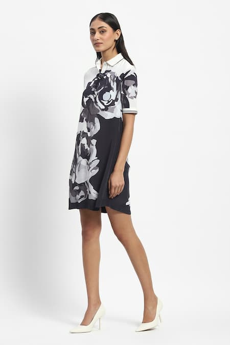 Satya Paul White Linen Embroidery Collared Negative Rose Dress Online at Aza Fashions Satya Paul_White Linen Embroidery Collared Negative Rose Dress _Online_at_Aza_Fashions