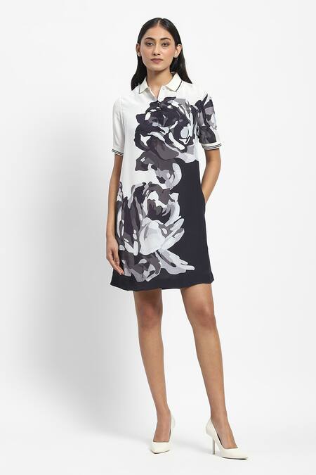 Shop Satya Paul White Linen Embroidery Collared Negative Rose Dress Online at Aza Fashions Shop_Satya Paul_White Linen Embroidery Collared Negative Rose Dress _Online_at_Aza_Fashions