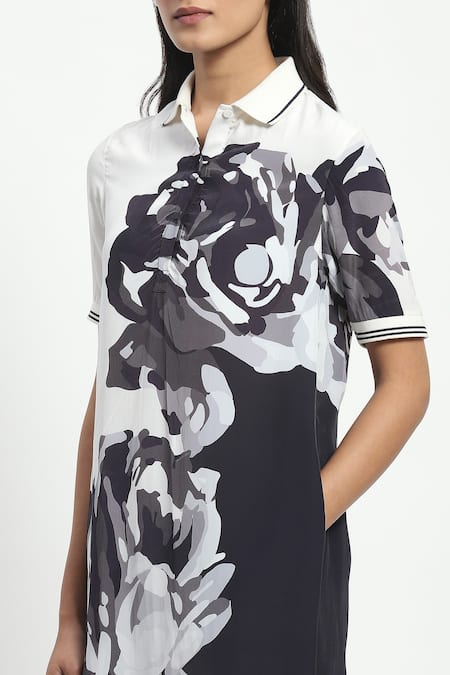 Satya Paul White Linen Embroidery Collared Negative Rose Dress at Aza Fashions Satya Paul_White Linen Embroidery Collared Negative Rose Dress _at_Aza_Fashions