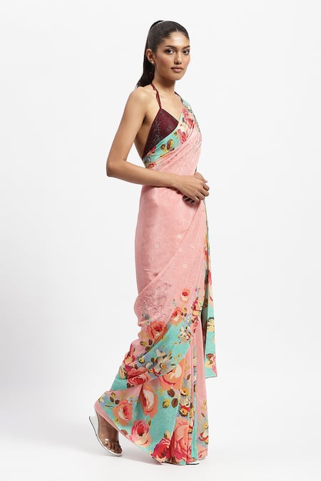 Buy_Satya Paul_Pink Silk, Crepe Sequins Sky Is The Limit Embellished Saree With Running Blouse _Online_at_Aza_Fashions