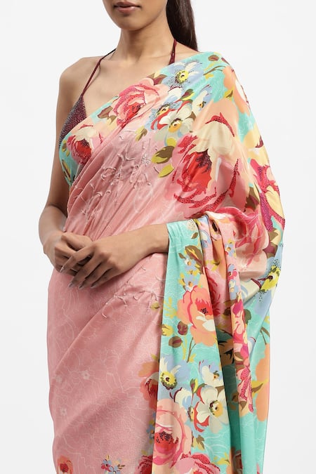 Satya Paul_Pink Silk, Crepe Sequins Sky Is The Limit Embellished Saree With Running Blouse _at_Aza_Fashions