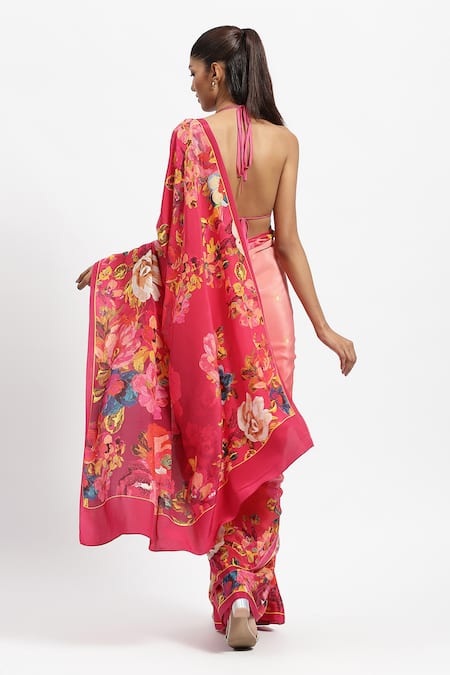 Shop Satya Paul Red Silk, Crepe Sequins Papa Dont Peach Embellished Saree With Running Blouse at Aza Fashions Shop_Satya Paul_Red Silk, Crepe Sequins Papa Dont Peach Embellished Saree With Running Blouse _at_Aza_Fashions
