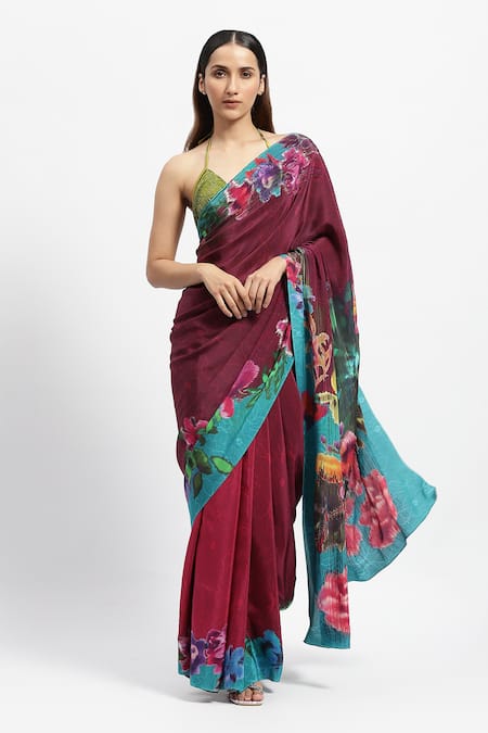 Satya Paul Wood Nymph Embellished Saree With Running Blouse 