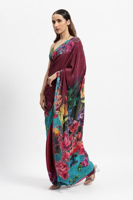 Satya Paul_Red Silk, Crepe Embroidery Wood Nymph Embellished Saree With Running Blouse _Online_at_Aza_Fashions