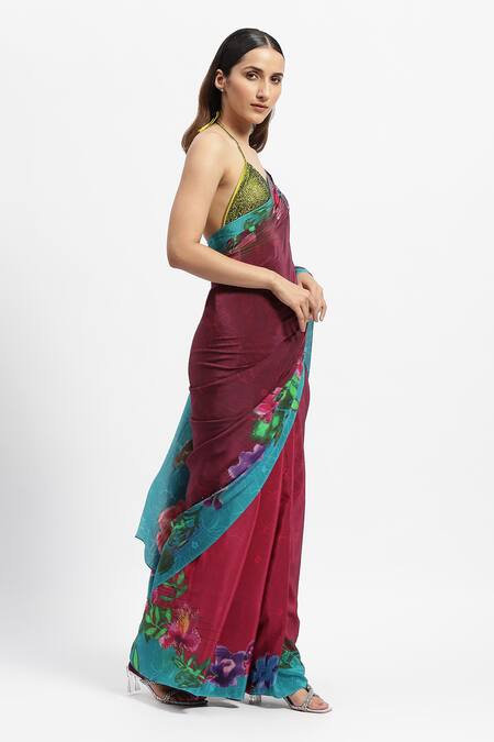 Buy_Satya Paul_Red Silk, Crepe Embroidery Wood Nymph Embellished Saree With Running Blouse _Online_at_Aza_Fashions