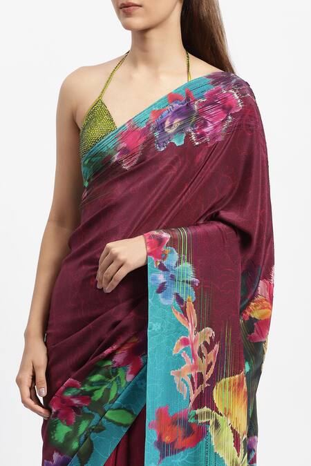 Shop_Satya Paul_Red Silk, Crepe Embroidery Wood Nymph Embellished Saree With Running Blouse _Online_at_Aza_Fashions