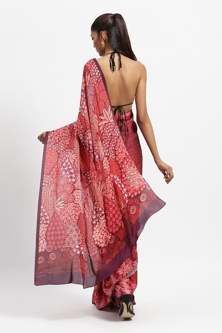 Shop Satya Paul Red Silk Satin Beads Maple Shade Printed Saree With Blouse at Aza Fashions Shop_Satya Paul_Red Silk Satin Beads Maple Shade Printed Saree With Blouse _at_Aza_Fashions