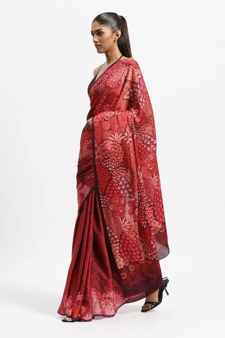 Buy Satya Paul Red Silk Satin Beads Maple Shade Printed Saree With Blouse Online at Aza Fashions Buy_Satya Paul_Red Silk Satin Beads Maple Shade Printed Saree With Blouse _Online_at_Aza_Fashions
