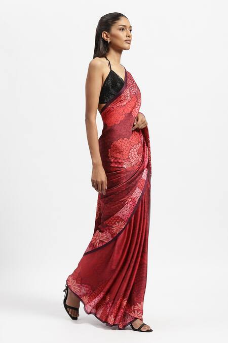 Shop Satya Paul Red Silk Satin Beads Maple Shade Printed Saree With Blouse Online at Aza Fashions Shop_Satya Paul_Red Silk Satin Beads Maple Shade Printed Saree With Blouse _Online_at_Aza_Fashions