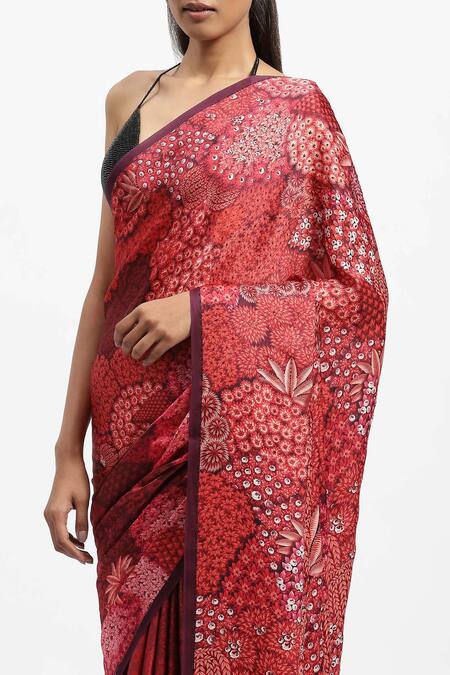Satya Paul Red Silk Satin Beads Maple Shade Printed Saree With Blouse at Aza Fashions Satya Paul_Red Silk Satin Beads Maple Shade Printed Saree With Blouse _at_Aza_Fashions