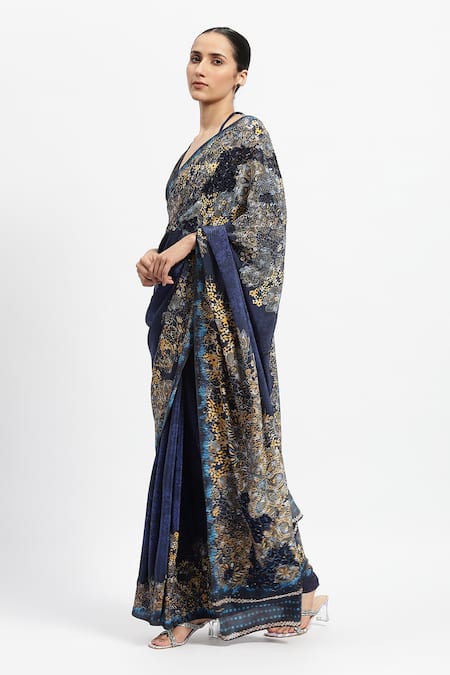 Satya Paul_Blue Silk, Crepe Lace, Sovereign Serenity Embellished Saree With Running Blouse _Online_at_Aza_Fashions