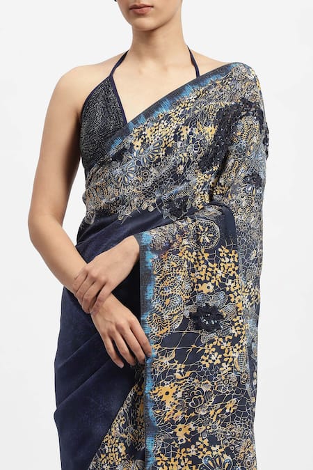 Shop_Satya Paul_Blue Silk, Crepe Lace, Sovereign Serenity Embellished Saree With Running Blouse _Online_at_Aza_Fashions