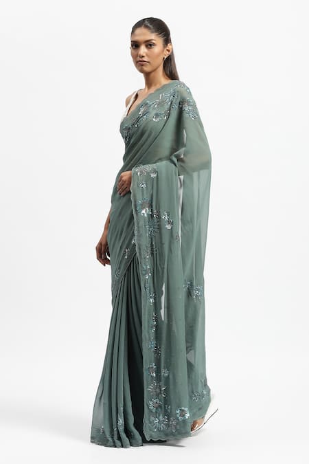 Satya Paul_Blue Viscose, Georgette Half Past Noon Embellished Saree With Running Blouse _Online_at_Aza_Fashions