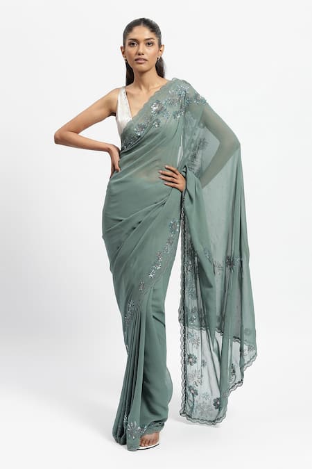 Buy_Satya Paul_Blue Viscose, Georgette Half Past Noon Embellished Saree With Running Blouse _Online_at_Aza_Fashions
