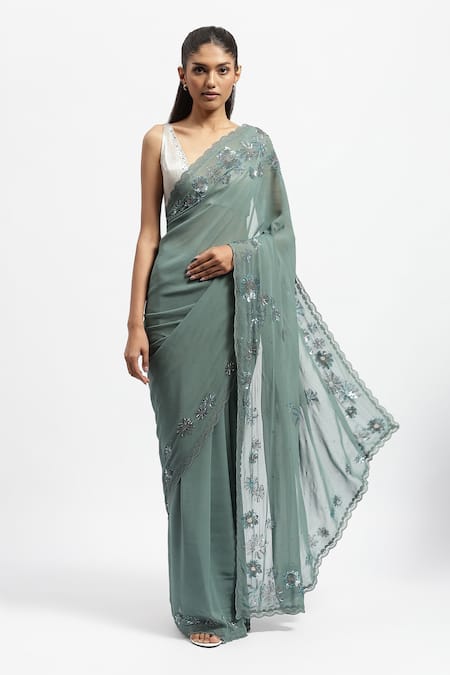 Shop_Satya Paul_Blue Viscose, Georgette Half Past Noon Embellished Saree With Running Blouse _Online_at_Aza_Fashions