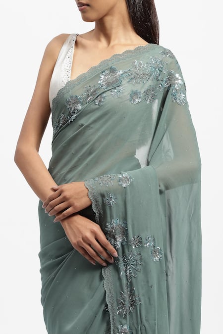 Satya Paul_Blue Viscose, Georgette Half Past Noon Embellished Saree With Running Blouse _at_Aza_Fashions