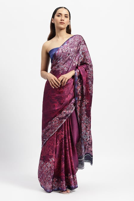 Satya Paul Rain Printed Saree With Running Blouse 