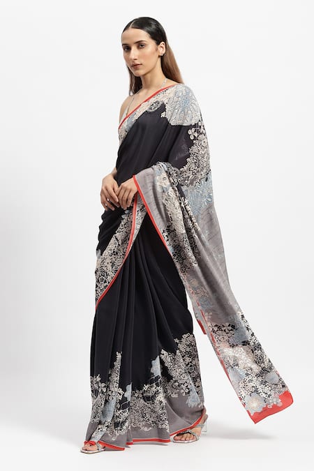 Satya Paul_Black Silk, Crepe Lace, Beads, Prodigy Embellished Saree With Running Blouse _Online_at_Aza_Fashions