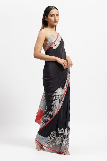 Buy_Satya Paul_Black Silk, Crepe Lace, Beads, Prodigy Embellished Saree With Running Blouse _Online_at_Aza_Fashions