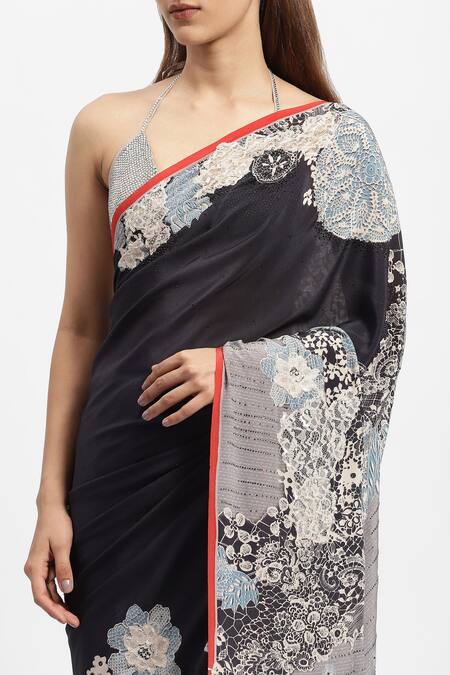 Shop_Satya Paul_Black Silk, Crepe Lace, Beads, Prodigy Embellished Saree With Running Blouse _Online_at_Aza_Fashions