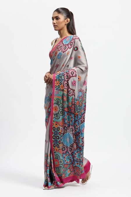 Satya Paul Grey Silk Satin Crystals Fractal Bloom Embellished Saree With Running Blouse Online at Aza Fashions Satya Paul_Grey Silk Satin Crystals Fractal Bloom Embellished Saree With Running Blouse _Online_at_Aza_Fashions