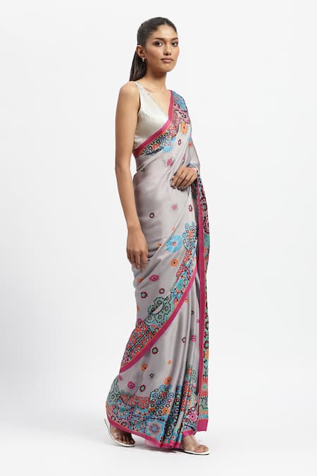 Buy Satya Paul Grey Silk Satin Crystals Fractal Bloom Embellished Saree With Running Blouse Online at Aza Fashions Buy_Satya Paul_Grey Silk Satin Crystals Fractal Bloom Embellished Saree With Running Blouse _Online_at_Aza_Fashions