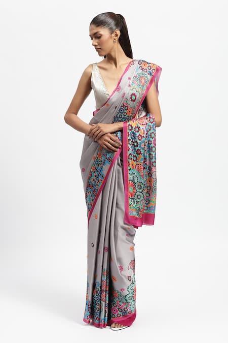 Shop Satya Paul Grey Silk Satin Crystals Fractal Bloom Embellished Saree With Running Blouse Online at Aza Fashions Shop_Satya Paul_Grey Silk Satin Crystals Fractal Bloom Embellished Saree With Running Blouse _Online_at_Aza_Fashions