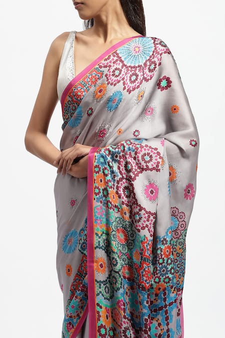 Satya Paul Grey Silk Satin Crystals Fractal Bloom Embellished Saree With Running Blouse at Aza Fashions Satya Paul_Grey Silk Satin Crystals Fractal Bloom Embellished Saree With Running Blouse _at_Aza_Fashions