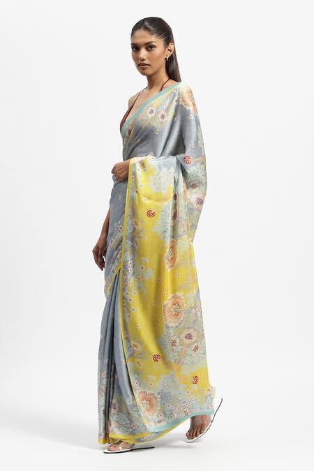 Satya Paul Grey Silk Satin Embroidery Breeze Printed Saree With Running Blouse Online at Aza Fashions Satya Paul_Grey Silk Satin Embroidery Breeze Printed Saree With Running Blouse _Online_at_Aza_Fashions