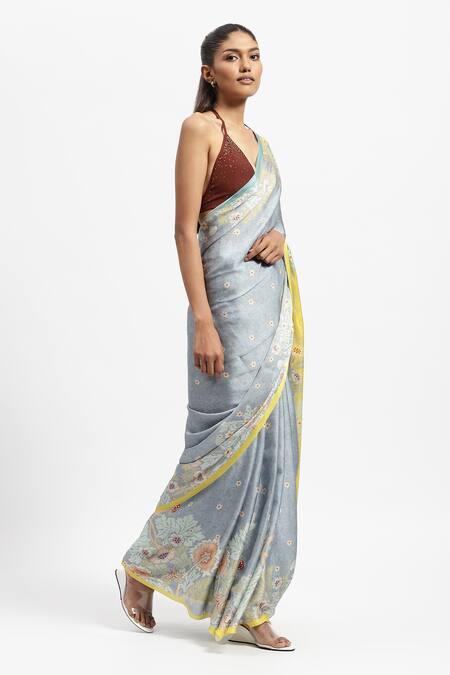 Buy Satya Paul Grey Silk Satin Embroidery Breeze Printed Saree With Running Blouse Online at Aza Fashions Buy_Satya Paul_Grey Silk Satin Embroidery Breeze Printed Saree With Running Blouse _Online_at_Aza_Fashions