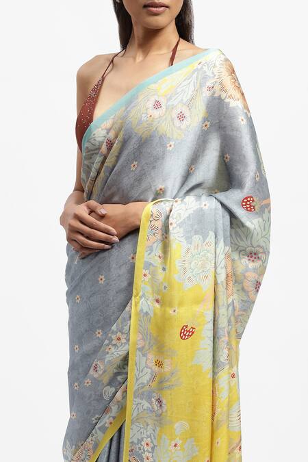 Shop Satya Paul Grey Silk Satin Embroidery Breeze Printed Saree With Running Blouse Online at Aza Fashions Shop_Satya Paul_Grey Silk Satin Embroidery Breeze Printed Saree With Running Blouse _Online_at_Aza_Fashions