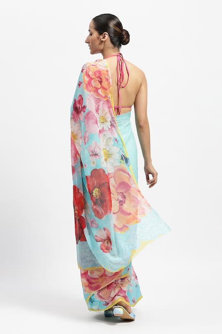 Shop_Satya Paul_Green Silk, Chiffon A Boon In June Printed Saree With Running Blouse Piece _at_Aza_Fashions