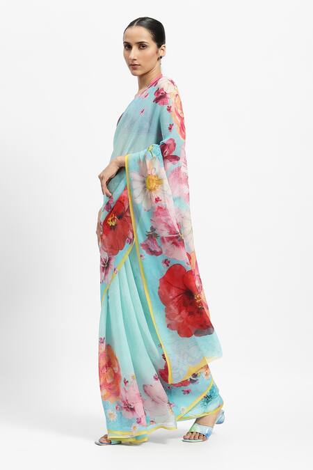 Satya Paul_Green Silk, Chiffon A Boon In June Printed Saree With Running Blouse Piece _Online_at_Aza_Fashions