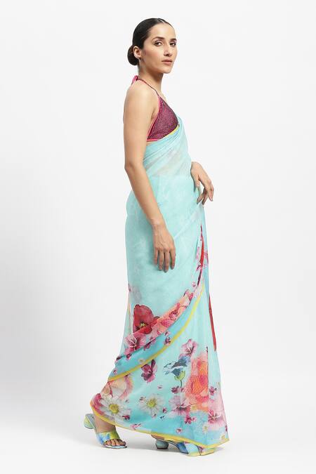 Buy_Satya Paul_Green Silk, Chiffon A Boon In June Printed Saree With Running Blouse Piece _Online_at_Aza_Fashions