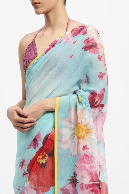 Shop_Satya Paul_Green Silk, Chiffon A Boon In June Printed Saree With Running Blouse Piece _Online_at_Aza_Fashions