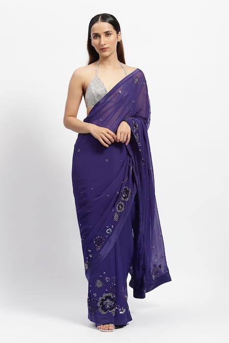 Satya Paul Crystal Floral Embellished Saree With Running Blouse Piece 