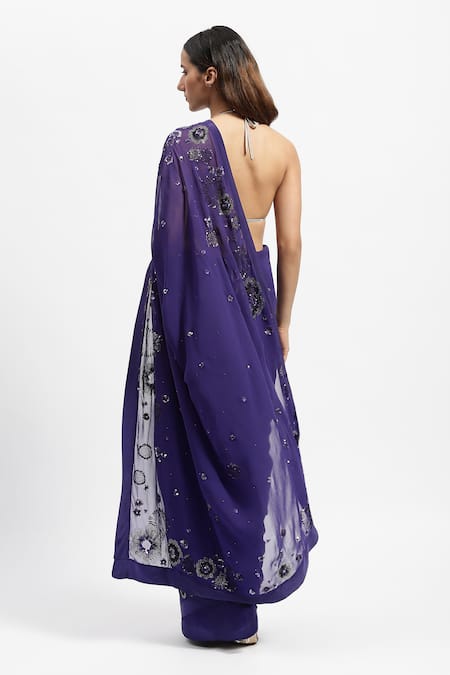 Satya Paul Crystal Floral Embellished Saree With Running Blouse Piece 