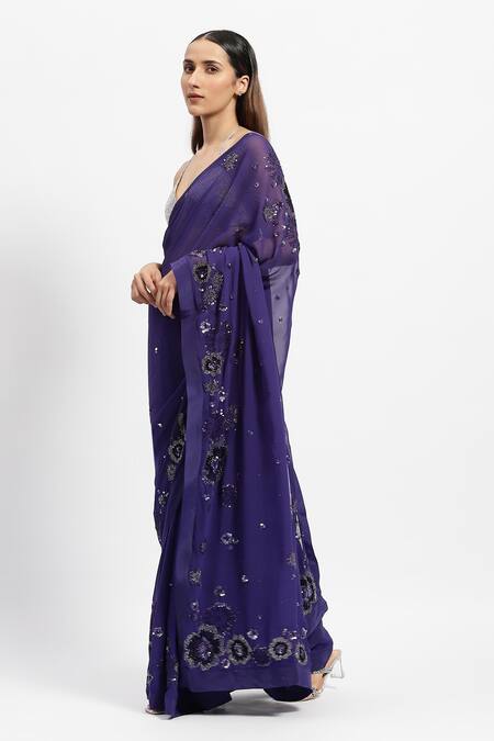 Satya Paul_Purple Viscose, Georgette Floral Embellished Saree With Running Blouse Piece _Online_at_Aza_Fashions
