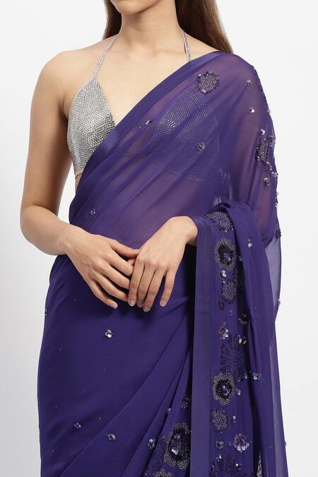 Shop_Satya Paul_Purple Viscose, Georgette Floral Embellished Saree With Running Blouse Piece _Online_at_Aza_Fashions