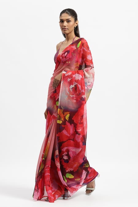 Satya Paul_Pink Silk, Chiffon A Happy Feeling Printed Saree With Running Blouse Piece _Online_at_Aza_Fashions
