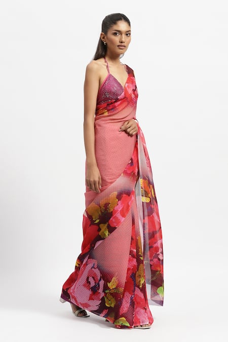 Buy_Satya Paul_Pink Silk, Chiffon A Happy Feeling Printed Saree With Running Blouse Piece _Online_at_Aza_Fashions