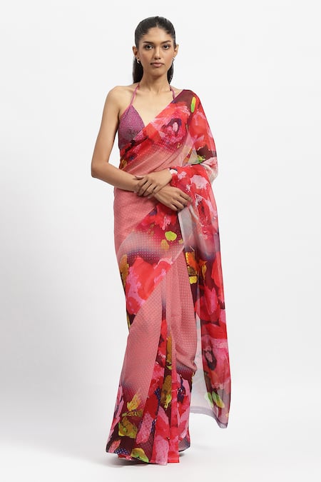 Shop_Satya Paul_Pink Silk, Chiffon A Happy Feeling Printed Saree With Running Blouse Piece _Online_at_Aza_Fashions