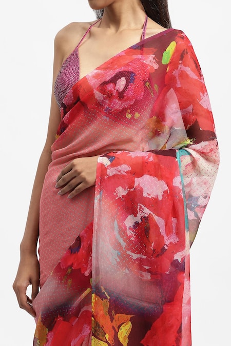 Satya Paul_Pink Silk, Chiffon A Happy Feeling Printed Saree With Running Blouse Piece _at_Aza_Fashions