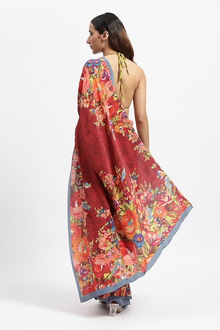Shop Satya Paul Red Silk, Crepe Seeing Rose Printed Saree With Running Blouse Piece at Aza Fashions Shop_Satya Paul_Red Silk, Crepe Seeing Rose Printed Saree With Running Blouse Piece _at_Aza_Fashions