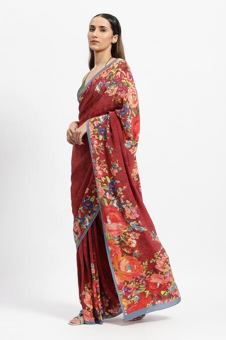Satya Paul Red Silk, Crepe Seeing Rose Printed Saree With Running Blouse Piece Online at Aza Fashions Satya Paul_Red Silk, Crepe Seeing Rose Printed Saree With Running Blouse Piece _Online_at_Aza_Fashions