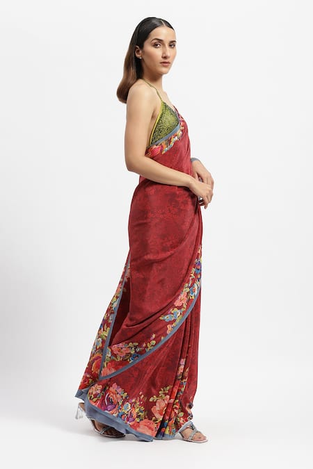 Buy Satya Paul Red Silk, Crepe Seeing Rose Printed Saree With Running Blouse Piece Online at Aza Fashions Buy_Satya Paul_Red Silk, Crepe Seeing Rose Printed Saree With Running Blouse Piece _Online_at_Aza_Fashions