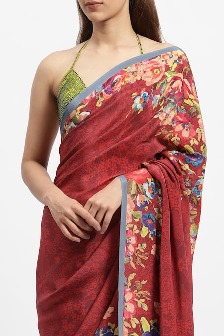 Shop Satya Paul Red Silk, Crepe Seeing Rose Printed Saree With Running Blouse Piece Online at Aza Fashions Shop_Satya Paul_Red Silk, Crepe Seeing Rose Printed Saree With Running Blouse Piece _Online_at_Aza_Fashions