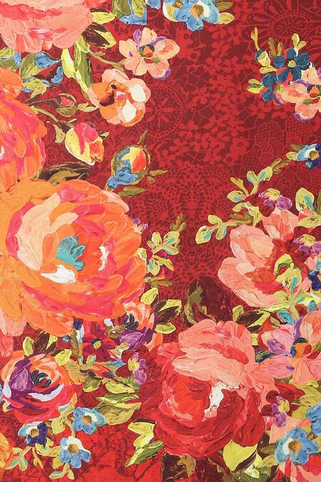 Satya Paul Red Silk, Crepe Seeing Rose Printed Saree With Running Blouse Piece at Aza Fashions Satya Paul_Red Silk, Crepe Seeing Rose Printed Saree With Running Blouse Piece _at_Aza_Fashions