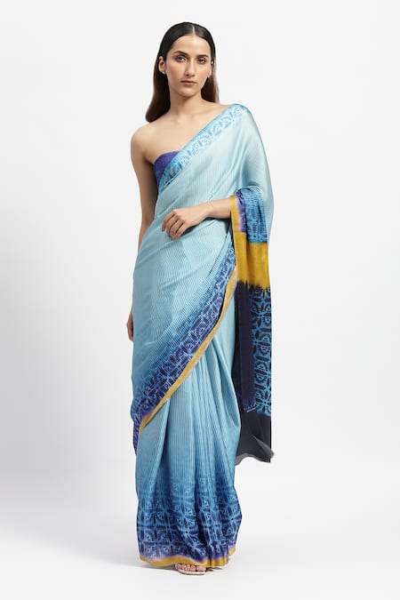 Satya Paul Blue Silk Satin Printed Geometric Baby Genius Saree With Running Blouse Piece 